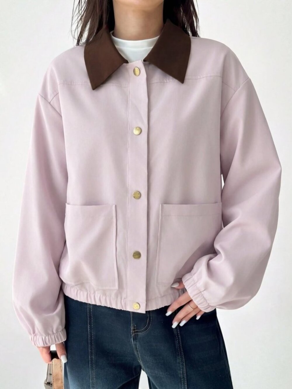 Blush Pink Jacket with Contrast Brown Collar + Buttons